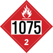 Red diamond-shaped hazard placard displaying ’1075’’ and a flame symbol for flammable gas (Class 2).