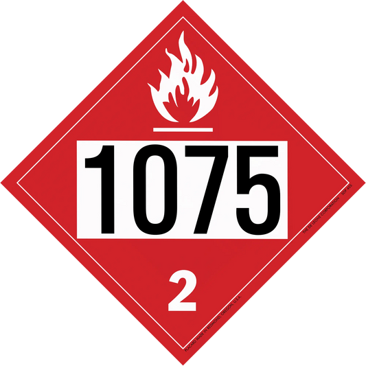 Red diamond-shaped hazard placard displaying ’1075’’ and a flame symbol for flammable gas (Class 2).