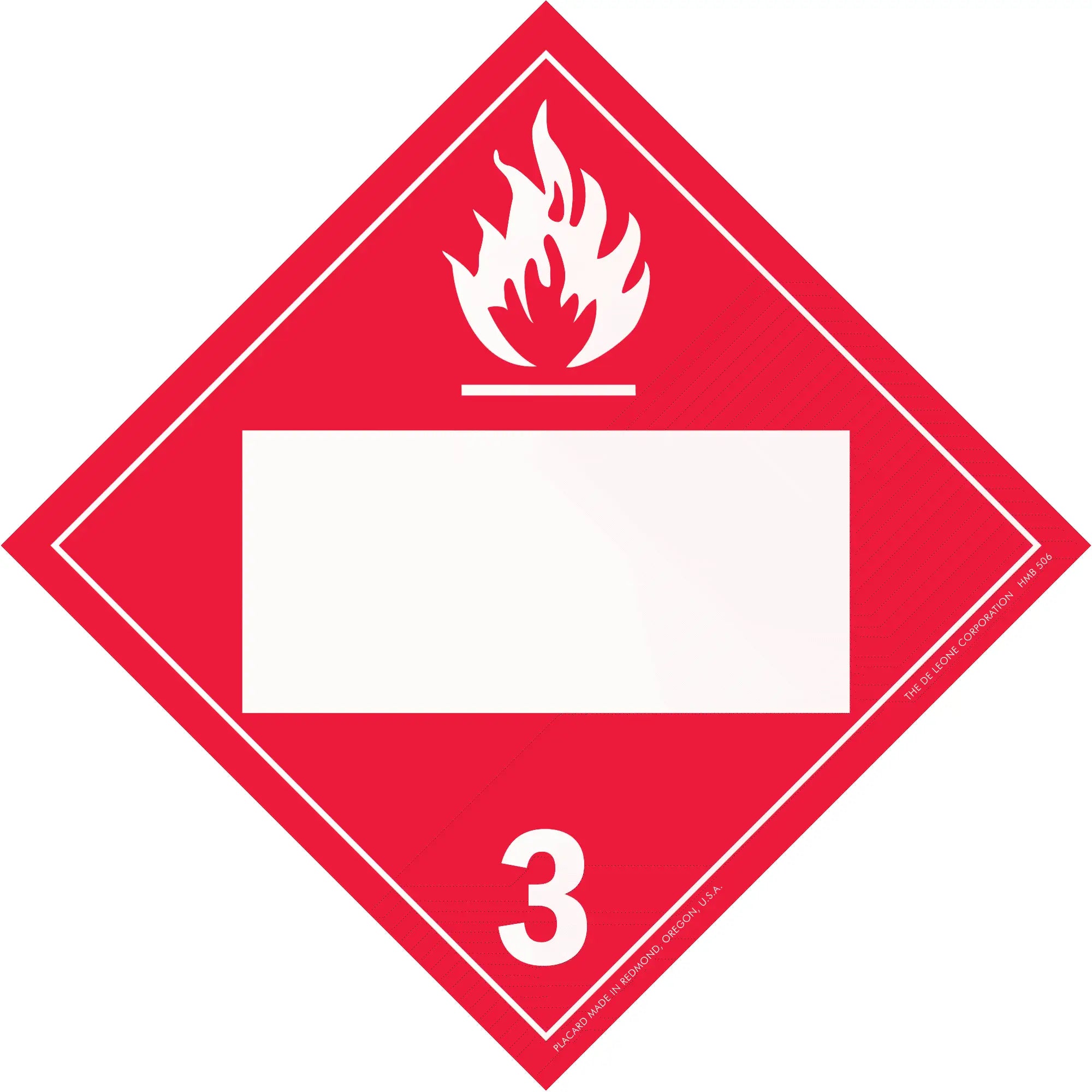 Red diamond-shaped hazard placard with flame symbol and number 3, indicating flammable liquids.