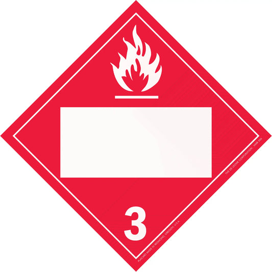 Red diamond-shaped hazard placard with flame symbol and number 3, indicating flammable liquids.