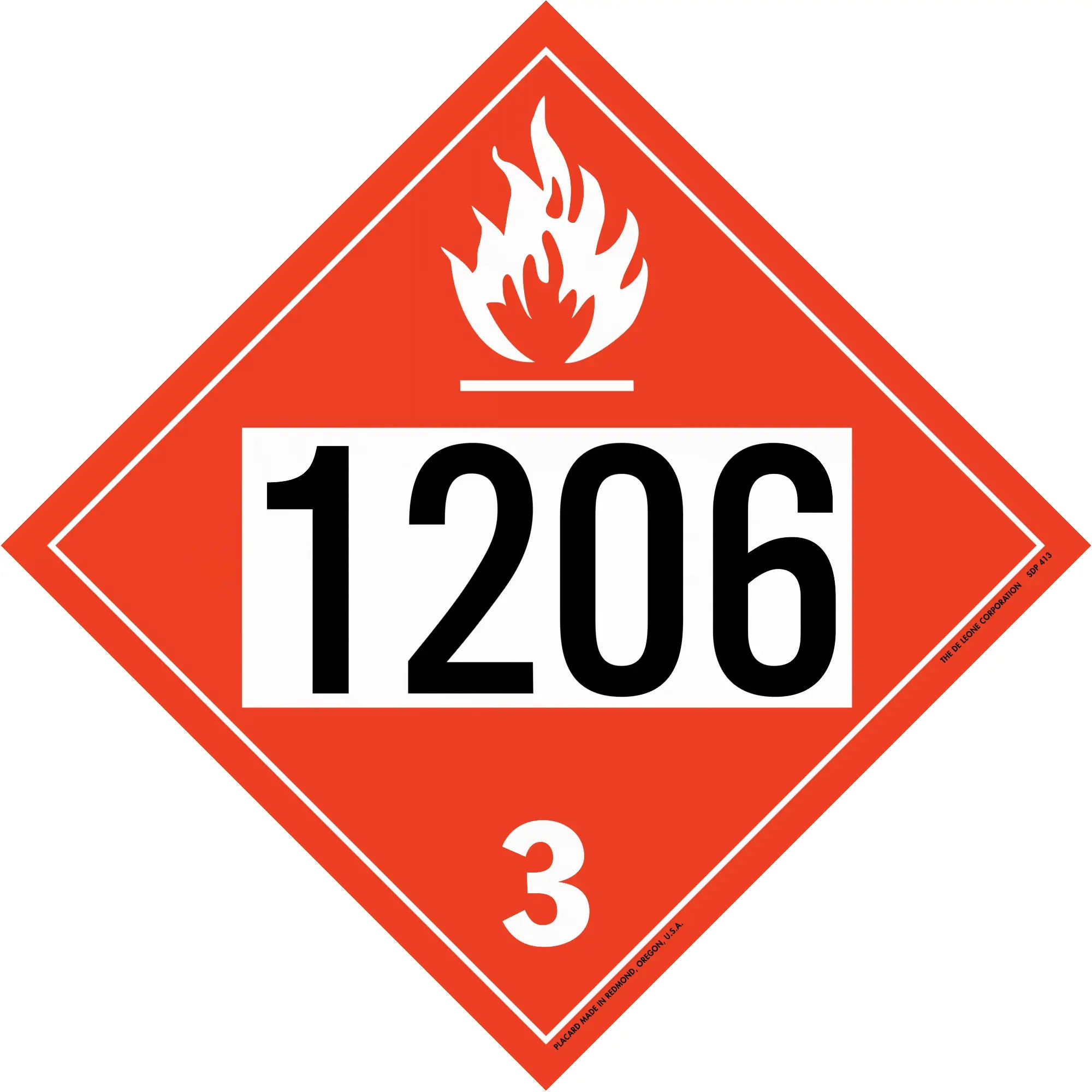 Red diamond-shaped hazmat placard displaying ’1206’’ and ’3’’ with a flame symbol.