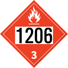 Red diamond-shaped hazmat placard displaying ’1206’’ and ’3’’ with a flame symbol.