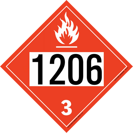 Red diamond-shaped hazmat placard displaying ’1206’’ and ’3’’ with a flame symbol.