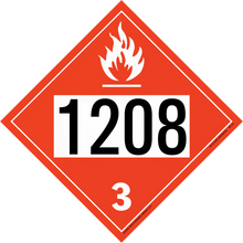 Red diamond-shaped hazardous material placard displaying ’1208’’ and ’3’’ with a white flame symbol.