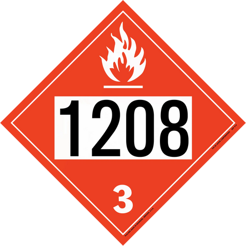 Red diamond-shaped hazardous material placard displaying ’1208’’ and ’3’’ with a white flame symbol.