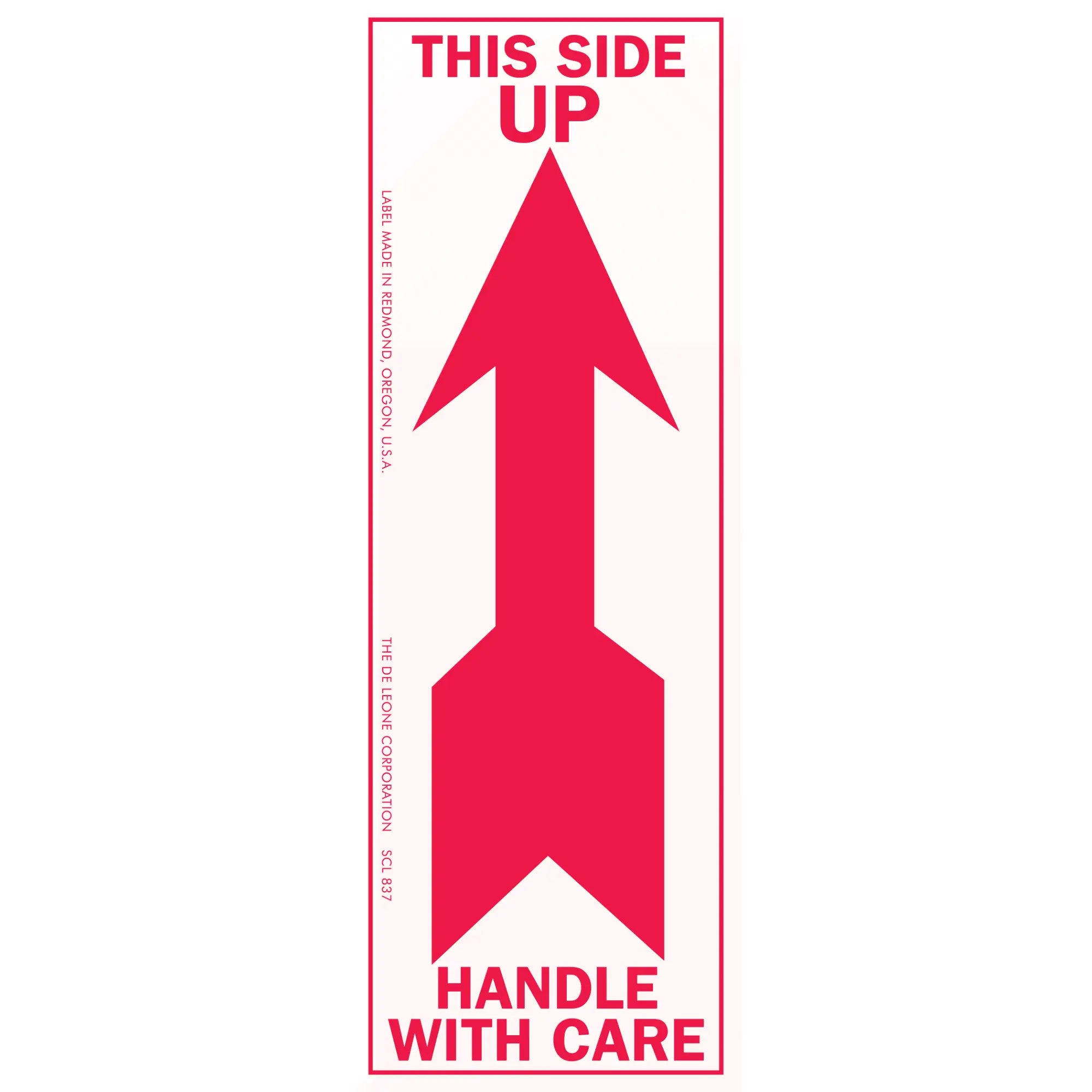 Red ’This Side Up’ and ’Handle With Care’ shipping label with an upward-pointing arrow.