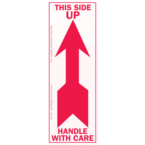 Red ’This Side Up’ and ’Handle With Care’ shipping label with an upward-pointing arrow.