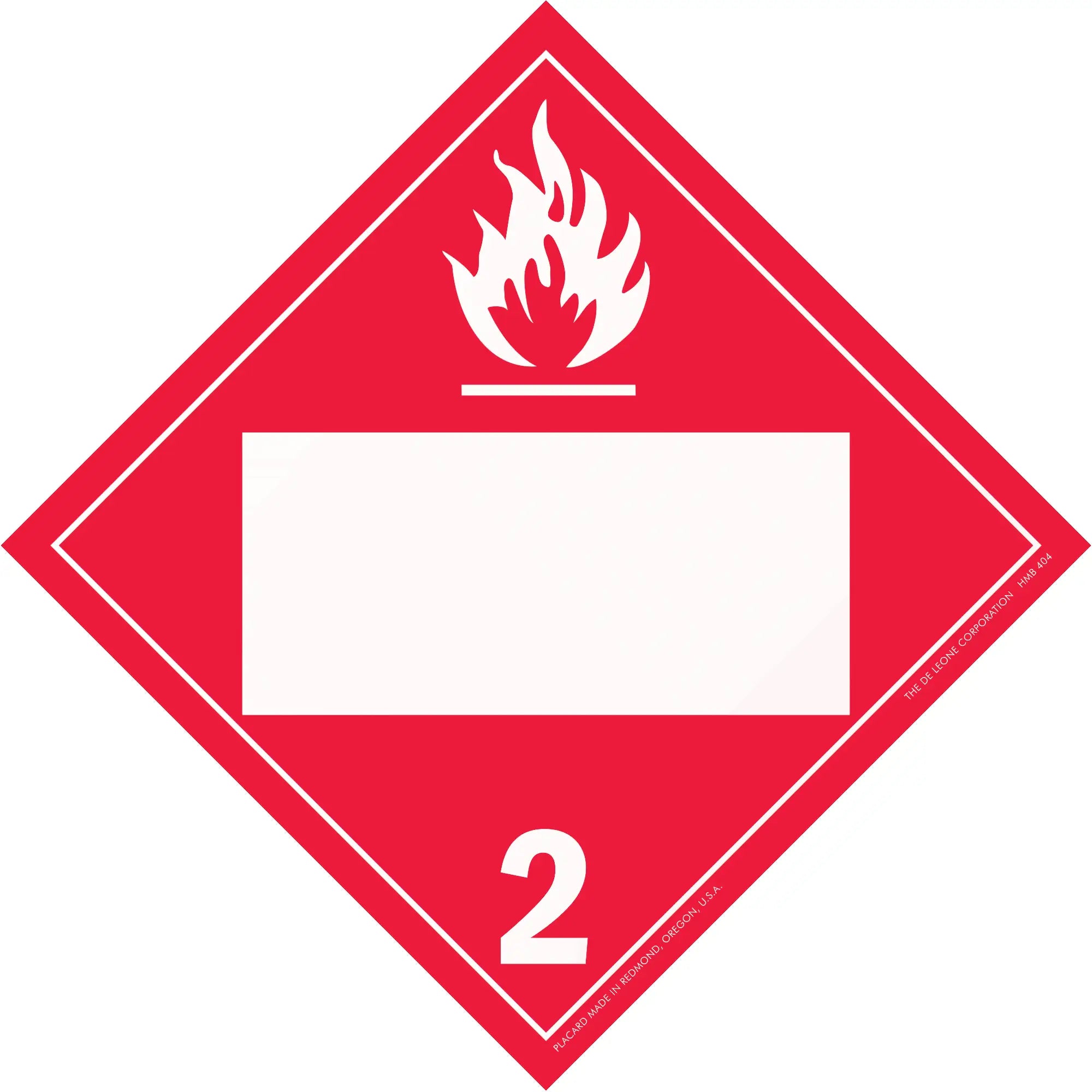 Red diamond-shaped hazard placard with flame symbol and number 2, indicating flammable gases.