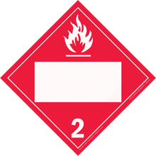 Red diamond-shaped hazard placard with flame symbol and number 2, indicating flammable gases.