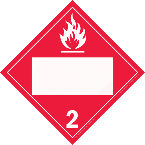 Red diamond-shaped hazard placard with flame symbol and number 2, indicating flammable gases.