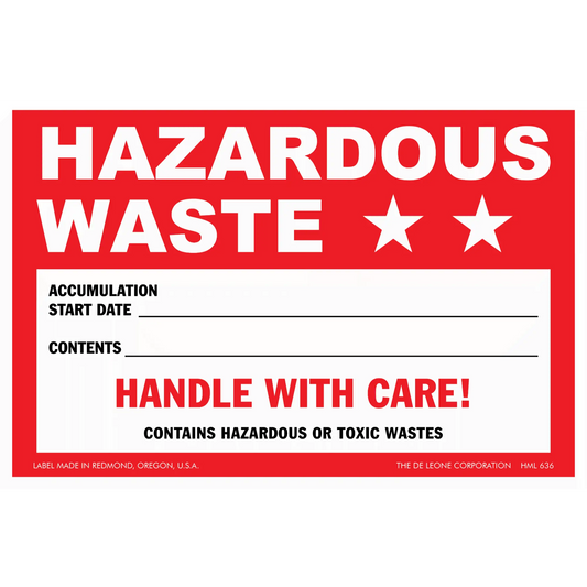 Red and white hazardous waste warning label with spaces to fill in accumulation date and contents.