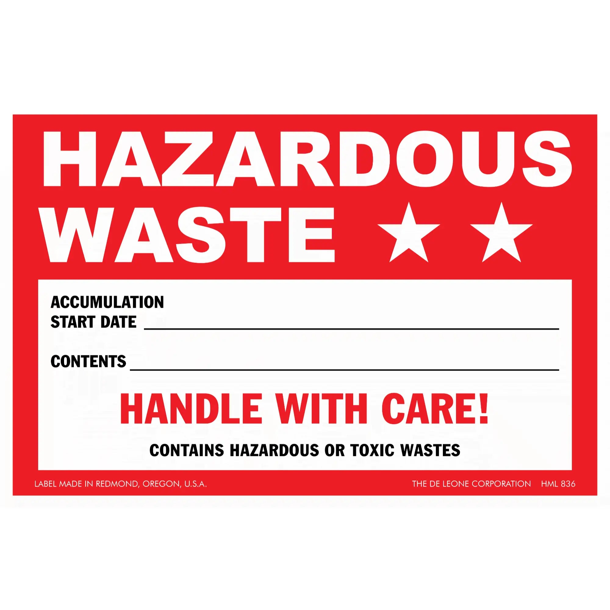 Red hazardous waste warning label with spaces to fill in accumulation date and contents.