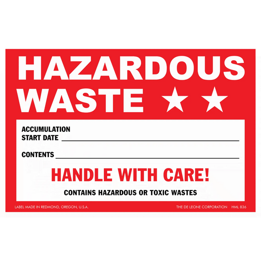 Red hazardous waste warning label with spaces to fill in accumulation date and contents.