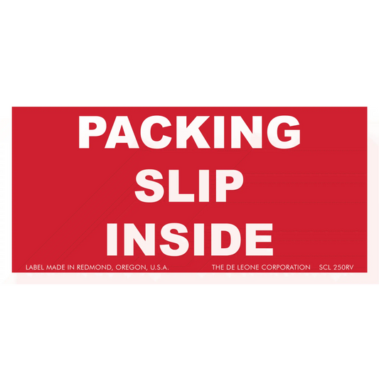 Red and white label stating ’PACKING SLIP INSIDE’