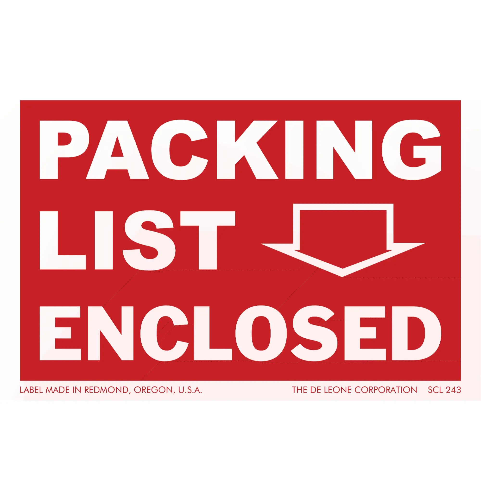 Red and white shipping label that reads ’PACKING LIST ENCLOSED’ with a downward arrow.