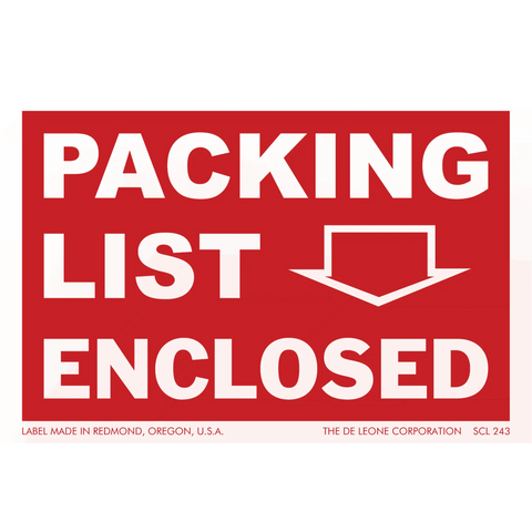 Red and white shipping label that reads ’PACKING LIST ENCLOSED’ with a downward arrow.