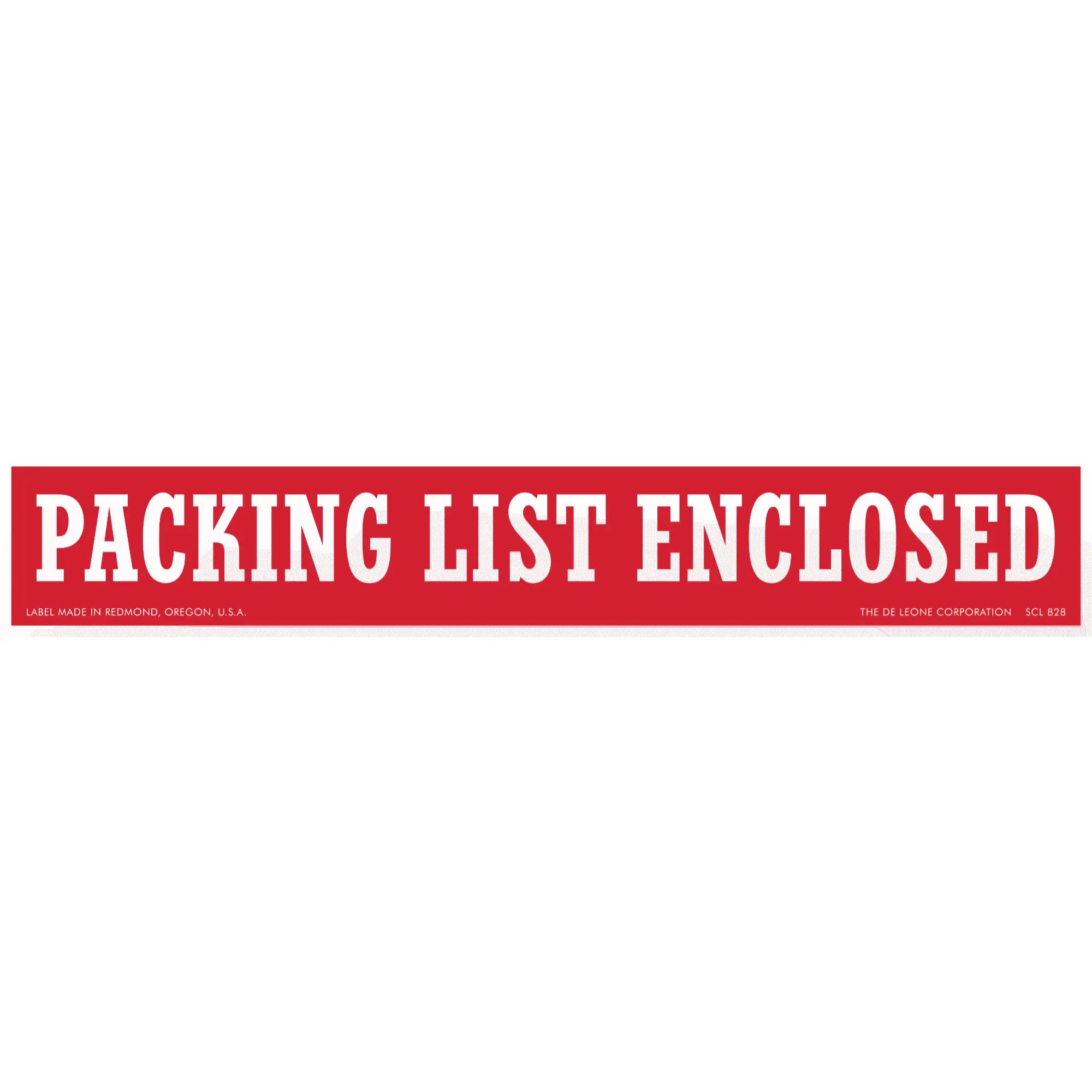 Red rectangular sticker with white text reading ’PACKING LIST ENCLOSED’