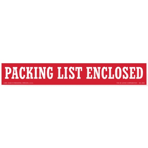 Red rectangular sticker with white text reading ’PACKING LIST ENCLOSED’