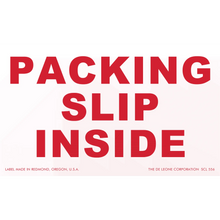 Red text reading ’PACKING SLIP INSIDE’ on a light pink background.