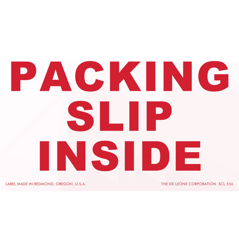 Red text reading ’PACKING SLIP INSIDE’ on a light pink background.