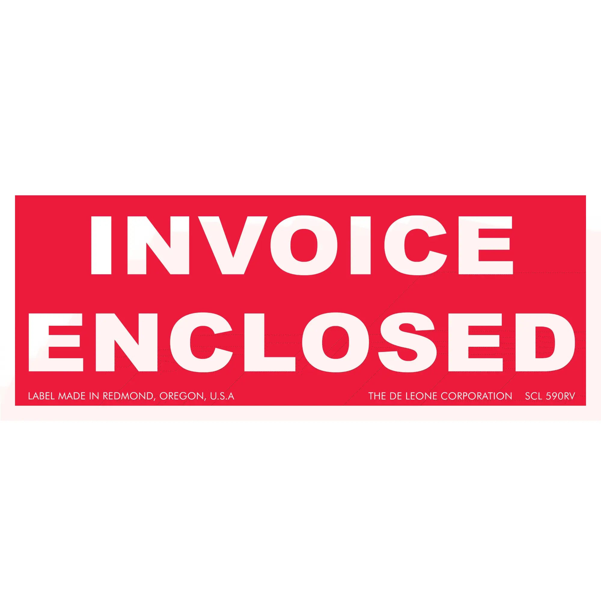 Red rectangular sticker with white text reading ’INVOICE ENCLOSED’