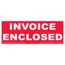 Red rectangular sticker with white text reading ’INVOICE ENCLOSED’