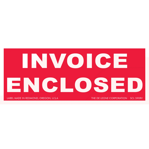 Red rectangular sticker with white text reading ’INVOICE ENCLOSED’