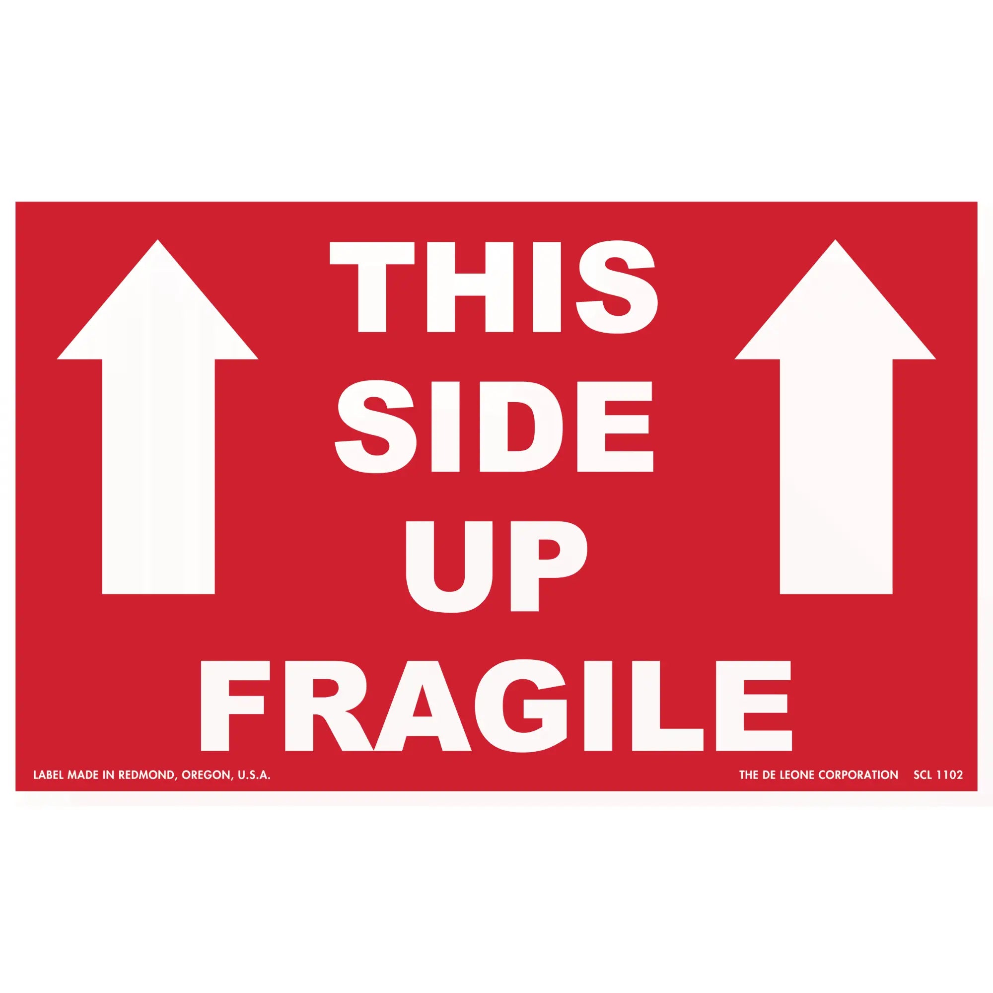 Red shipping label with white text reading ’THIS SIDE UP FRAGILE’ and upward-pointing arrows.