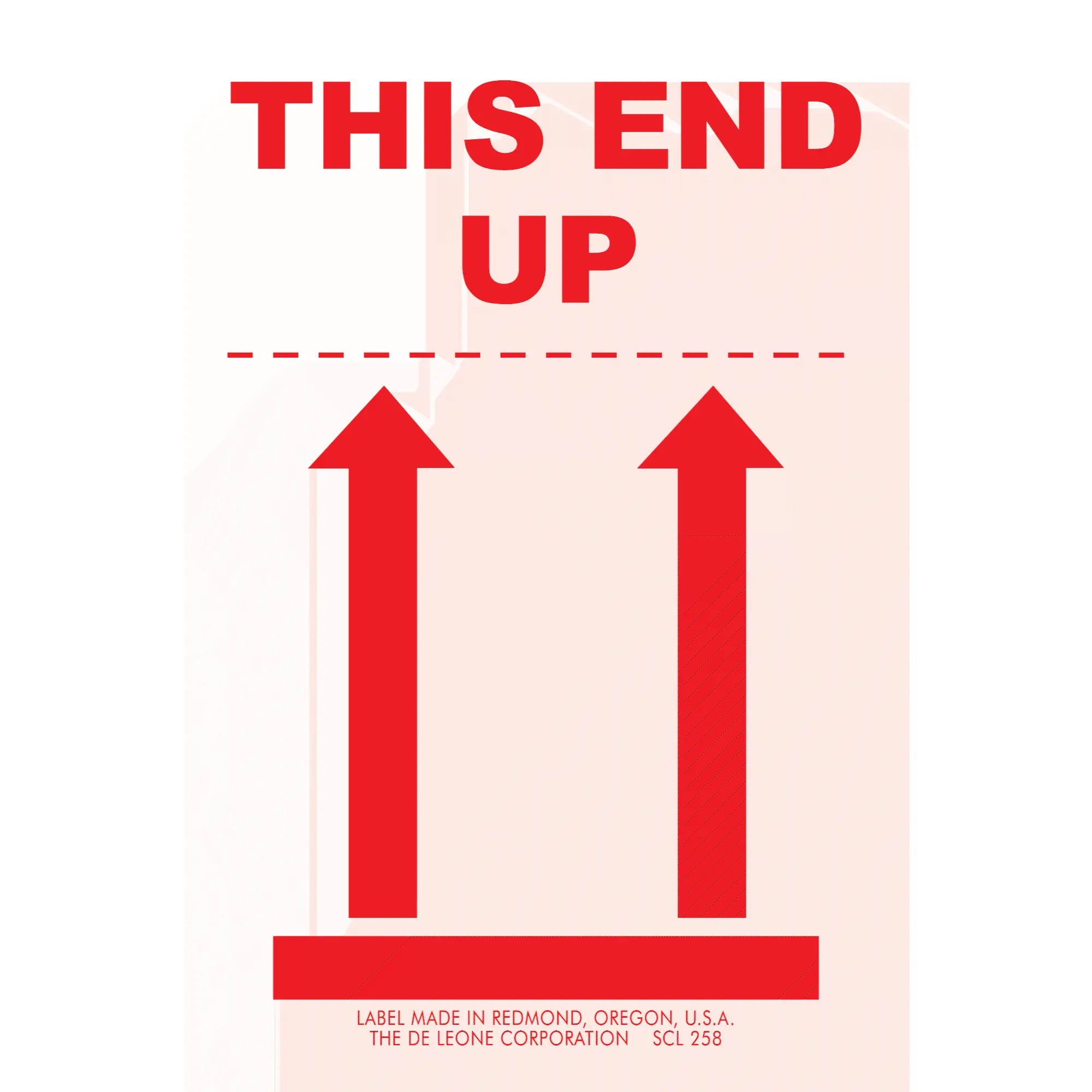 Red ’THIS END UP’ shipping label with upward-pointing arrows.