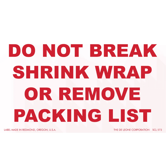 Red warning label instructing not to break shrink wrap or remove packing list.