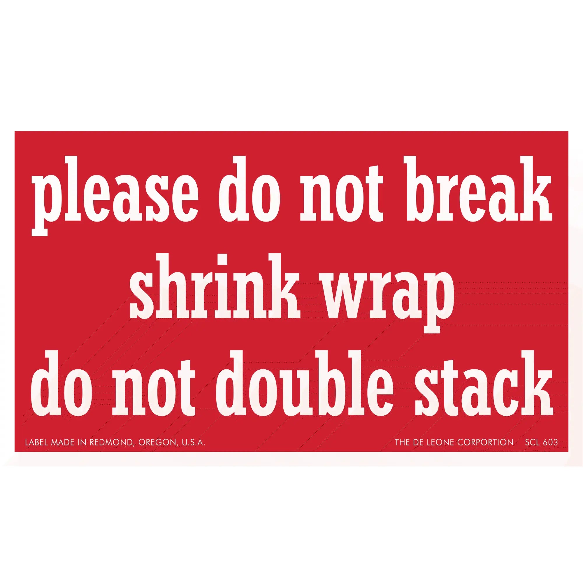 Red warning label with white text about handling shrink wrap.