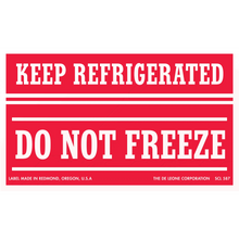 Red warning label with white text stating ’KEEP REFRIGERATED’ and ’DO NOT FREEZE’