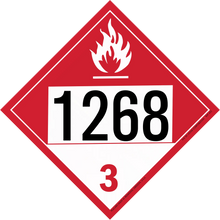 Red and white hazardous material placard displaying ’1268’’ with a flame symbol and number 3.