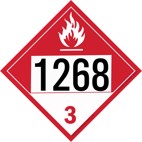 Red and white hazardous material placard displaying ’1268’’ with a flame symbol and number 3.