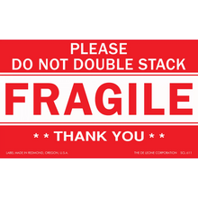 Red and white ’FRAGILE’ shipping label with ’PLEASE DO NOT DOUBLE STACK’ and ’THANK YOU’ text.