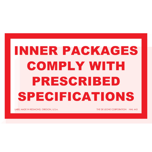 Red and white warning label stating ’INNER PACKAGES COMPLY WITH PRESCRIBED SPECIFICATIONS’