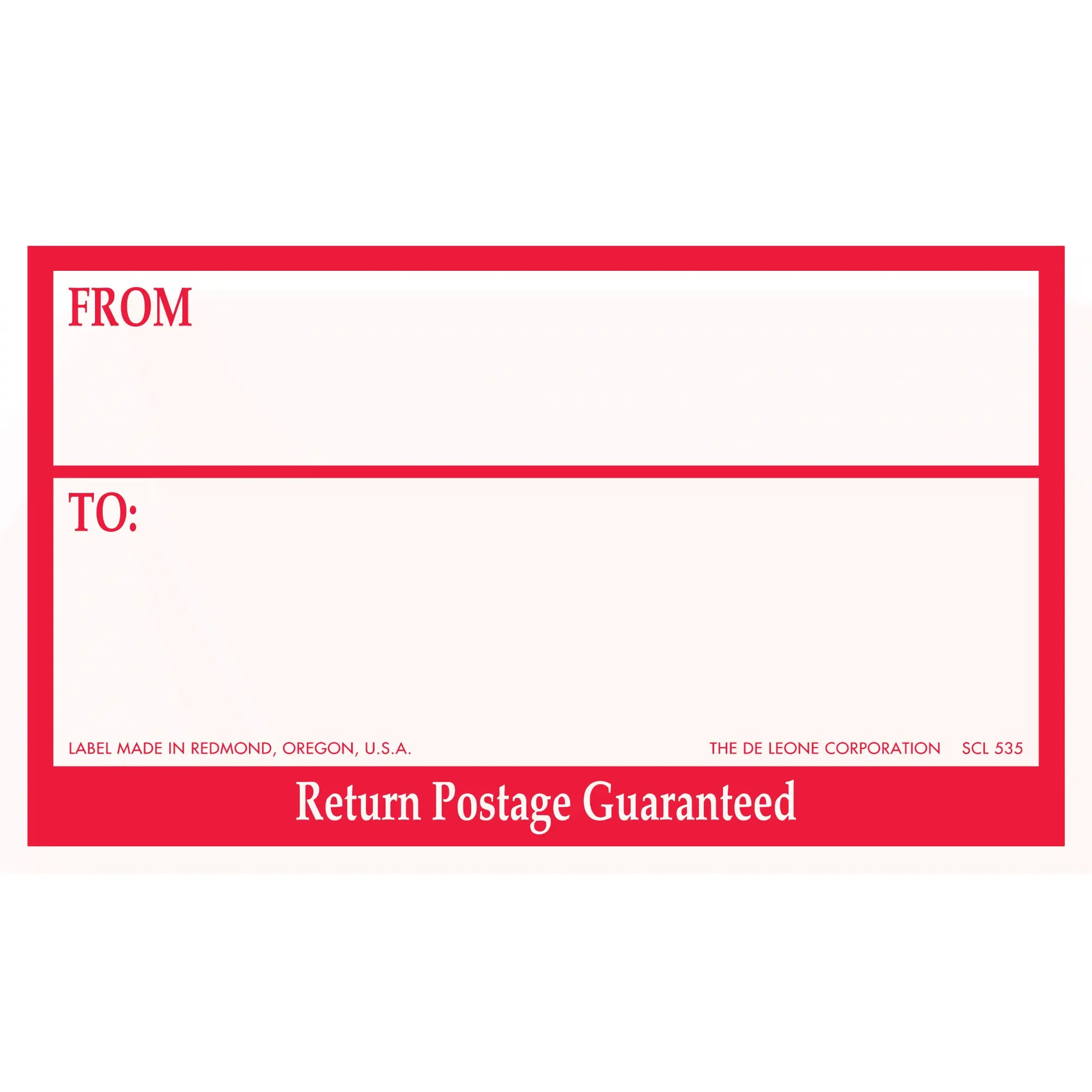 Red and white mailing label with ’From,’ ’To,’ and ’Return Postage Guaranteed’ text.