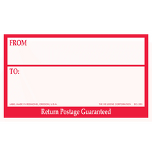 Red and white mailing label with ’From,’ ’To,’ and ’Return Postage Guaranteed’ text.