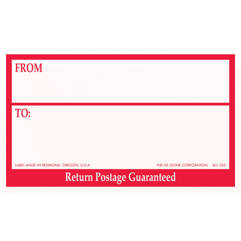 Red and white mailing label with ’From,’ ’To,’ and ’Return Postage Guaranteed’ text.