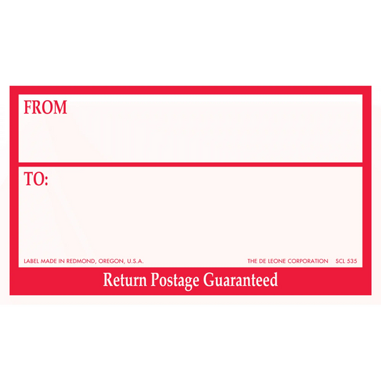 Red and white mailing label with ’From,’ ’To,’ and ’Return Postage Guaranteed’ text.