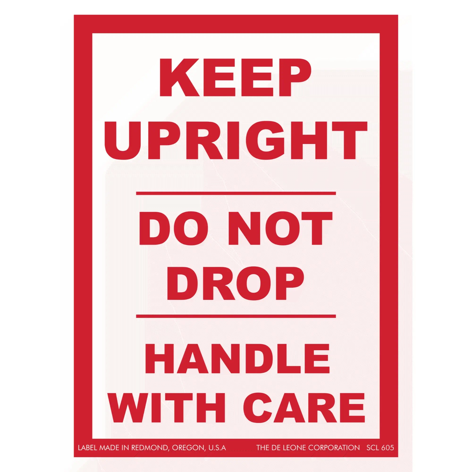 Red and white shipping label with handling instructions.