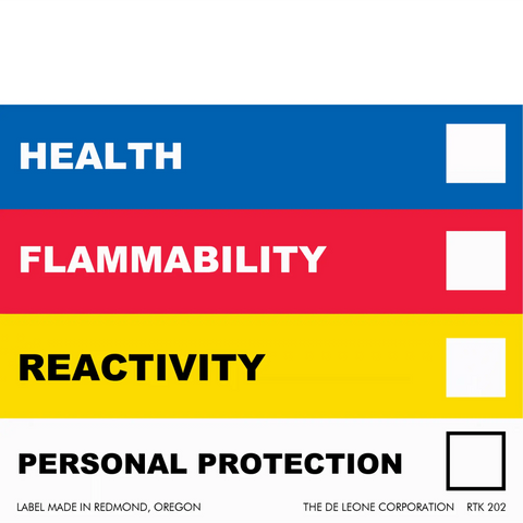 Hazard warning label with color-coded sections for health, flammability, reactivity, and personal protection ratings.