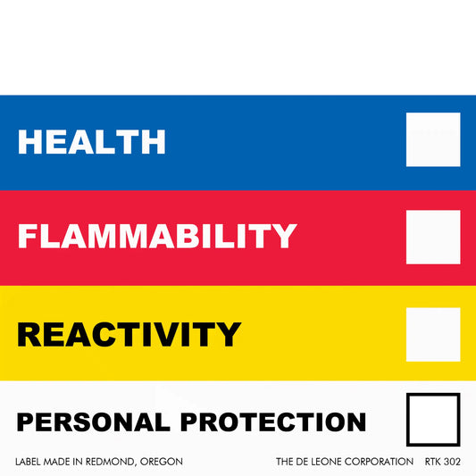NFPA hazard warning label with color-coded sections for health, flammability, reactivity, and personal protection.