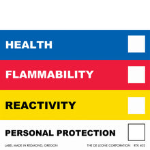 Hazard warning label with color-coded sections for health, flammability, reactivity, and personal protection ratings.