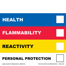 Hazard warning label with color-coded sections for health, flammability, reactivity, and personal protection ratings.