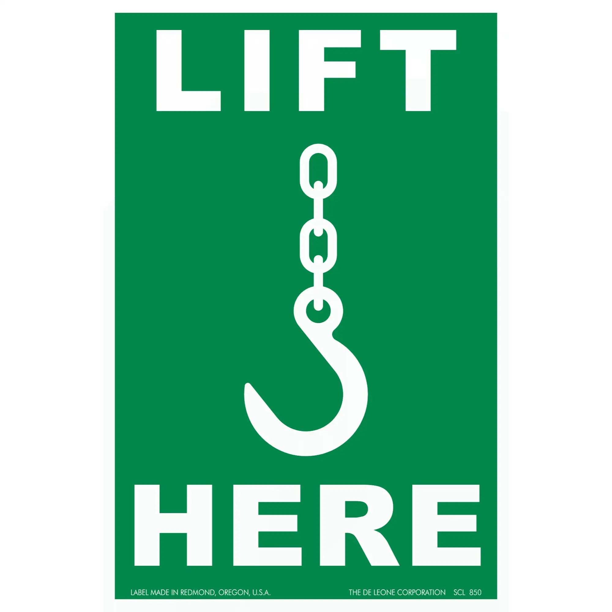 Green safety sign showing a crane hook symbol with ’LIFT HERE’ text.