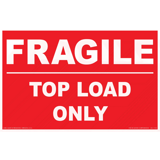 Red warning label with white text reading ’FRAGILE TOP LOAD ONLY’