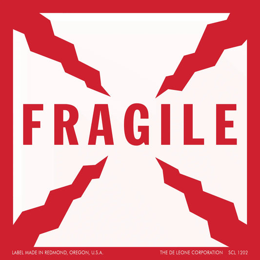 Red and white ’FRAGILE’ warning label with jagged edges.