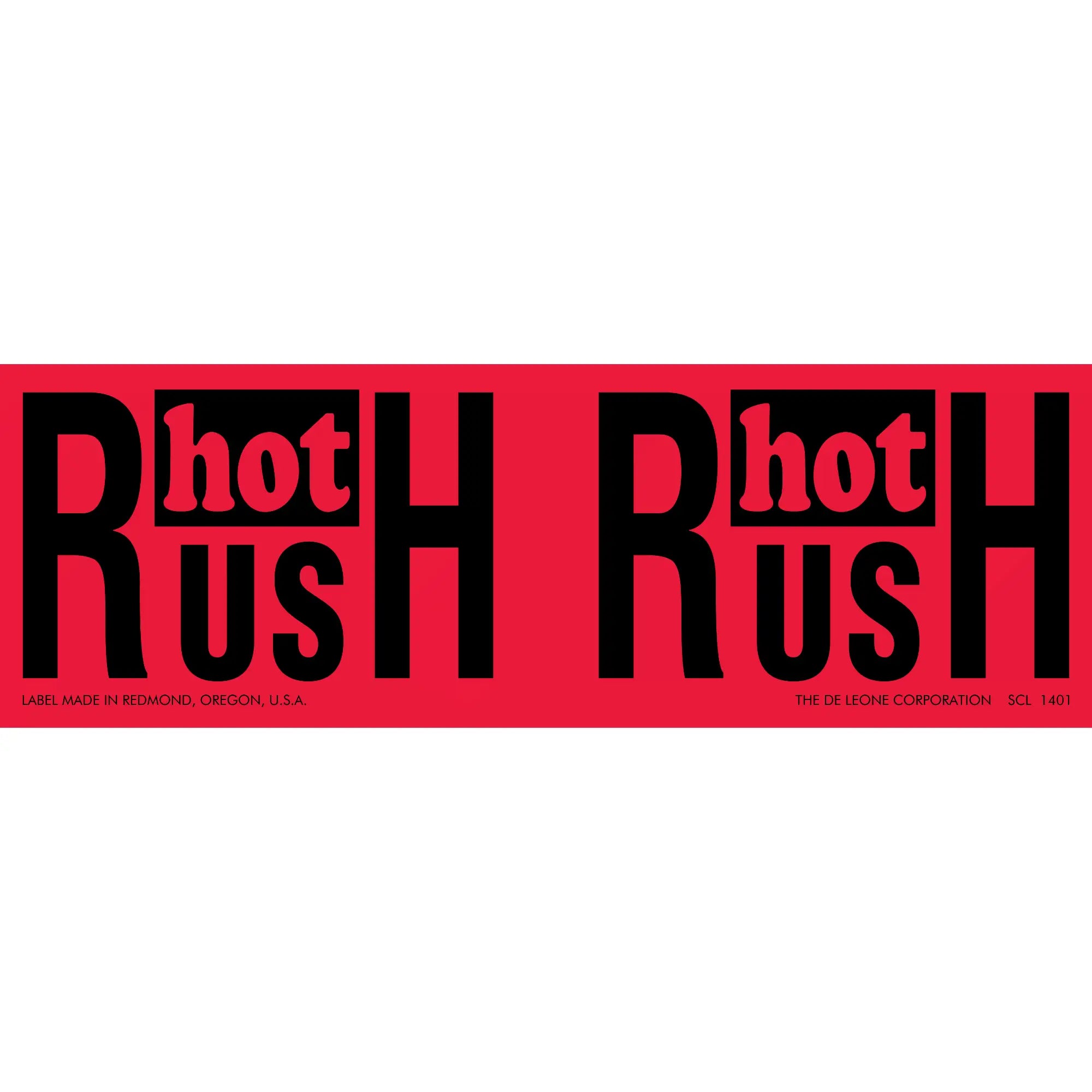 Red shipping label with ’HOT RUSH’ text repeated twice in black letters.