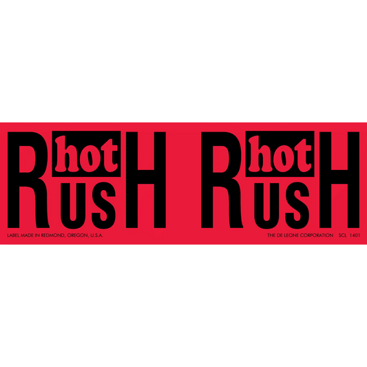 Red shipping label with ’HOT RUSH’ text repeated twice in black letters.